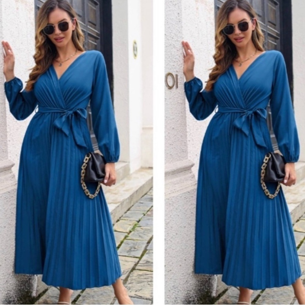 Blue Pleated Long Sleeve Surplice Maxi Dress - Womens Fashion & Style Dress
